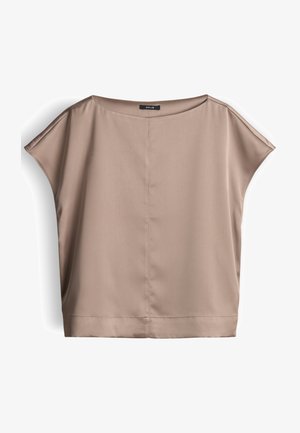 Beige short-sleeve blouse with wide boat neckline, straight hem, and center seam detail, labeled "OPUS" at the collar.