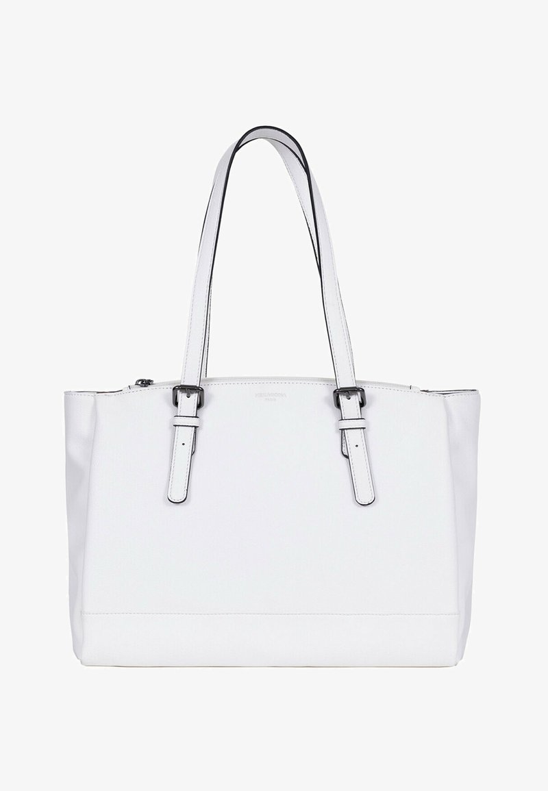 Borsa a tracolla bianca con accenti neri, realizzata in materiale sintetico testurizzato. Presenta due spallacci robusti e una chiusura superiore con zip.