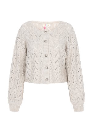 Neulotut, lyhyet neuletakit vaaleassa beessissä. Ominaisuuksiin kuuluu tekstuuriin perustuva pitsikuvio, pyöreä pääntie ja etupainikkeet. Pitkät hihat ribbaattujen hihojen kanssa.