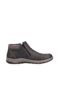 Bottines en cuir marron avec une finition texturée, des coutures contrastantes, des zips sur les côtés et un col en tissu gris. Semelle en caoutchouc flexible.