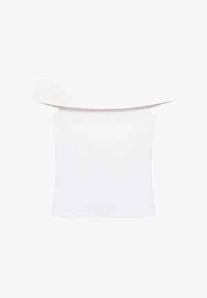 Biela blúzka s odhalenými ramenami, priliehavý strih, hladká textúra, krátke rukávy, žiadne viditeľné vzory alebo kovania. Jednoduchý a čistý dizajn.