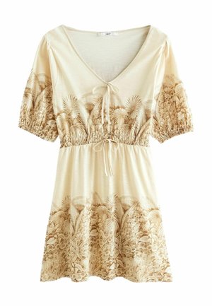 Robe courte à manches courtes crème avec col en V, liens sur le devant, taille froncée et imprimé botanique marron sur les manches, le corsage et l'ourlet de la jupe.