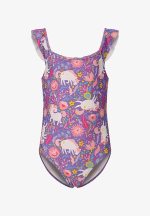 Maillot de bain une pièce en tissu violet orné de licornes et de motifs floraux, avec des bretelles volantes et une texture lisse.