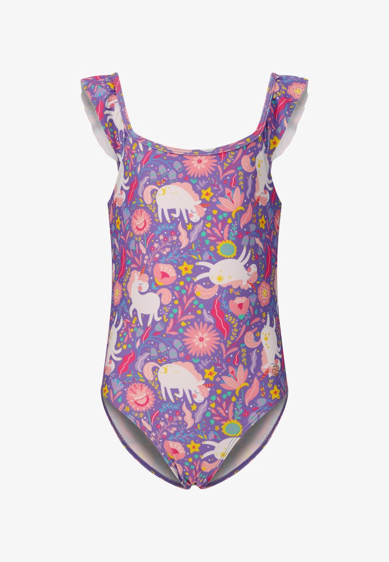 Ein einteiliger Badeanzug aus lila Stoff, geschmückt mit Einhörnern und Blumenmustern, mit Rüscheträgern und einer glatten Textur.