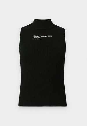 Μαύρο αμάνικο ριμπ πλεκτό τοπ με ψηλό λαιμόκοψη και λευκό λογότυπο "Karl Lagerfeld Jeans" τυπωμένο στο πάνω μέρος του στήθους.