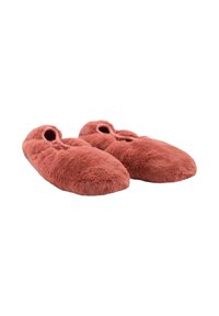Bløde, rosa farvede slippers lavet af blødt materiale, med en afrundet tå og en åbning på toppen for nem påtagning.