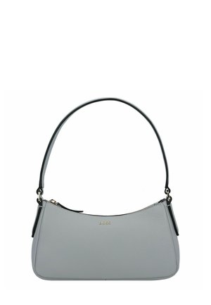 Gray leather handbag with a curved shape, featuring a black shoulder strap and a gold logo on the front, zip closure at the top.