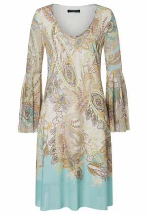 Jurk met lange mouwen met uitlopende manchetten, V-hals en een pastel paisley patroon in beige, roze, geel en lichtblauwe tinten.