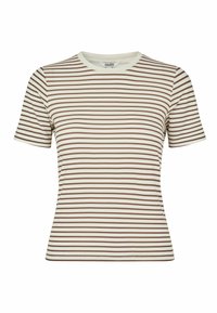 Striped short-sleeve t-shirt in cream and brown, featuring a round neckline and a fitted design. Smooth fabric with even texture throughout.