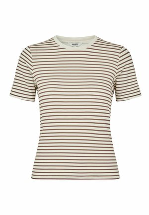 Striped short-sleeve t-shirt in cream and brown, featuring a round neckline and a fitted design. Smooth fabric with even texture throughout.