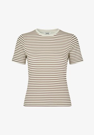 Stribet kortærmet t-shirt i crème og brun, med rund halsudskæring og tætsiddende design. Glat stof med ensartet tekstur hele vejen igennem.