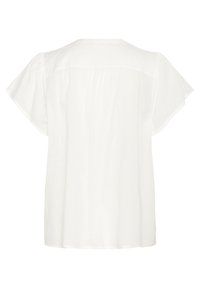 Blouse blanche à manches courtes en tissu léger, au fit ample, avec un col rond et des plis dans le dos.