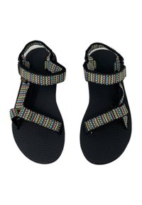Sandali neri con cinturini intrecciati colorati, suola texture e fibbia regolabile. Design leggero e aperto davanti per una migliore traspirabilità.