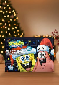 SpongeBob Schwammkopf Herren Socken Adventskalender mit farbenfrohen Cartoon-Designs, 12 Paar, Größe 40-45, mit festlichen Akzenten und nummerierten Türen.