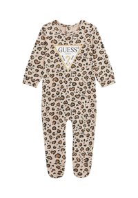 Beige baby onesie met luipaardprint, voorzien van lange mouwen, een ronde halslijn en een driehoekige logo-opdruk met gouden accenten.