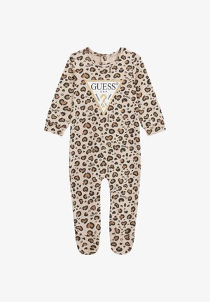 Baby-Overall mit Leopardenmuster in Beige, mit langen Ärmeln, rundem Ausschnitt und einem dreieckigen Logo-Patch mit goldenen Akzenten.