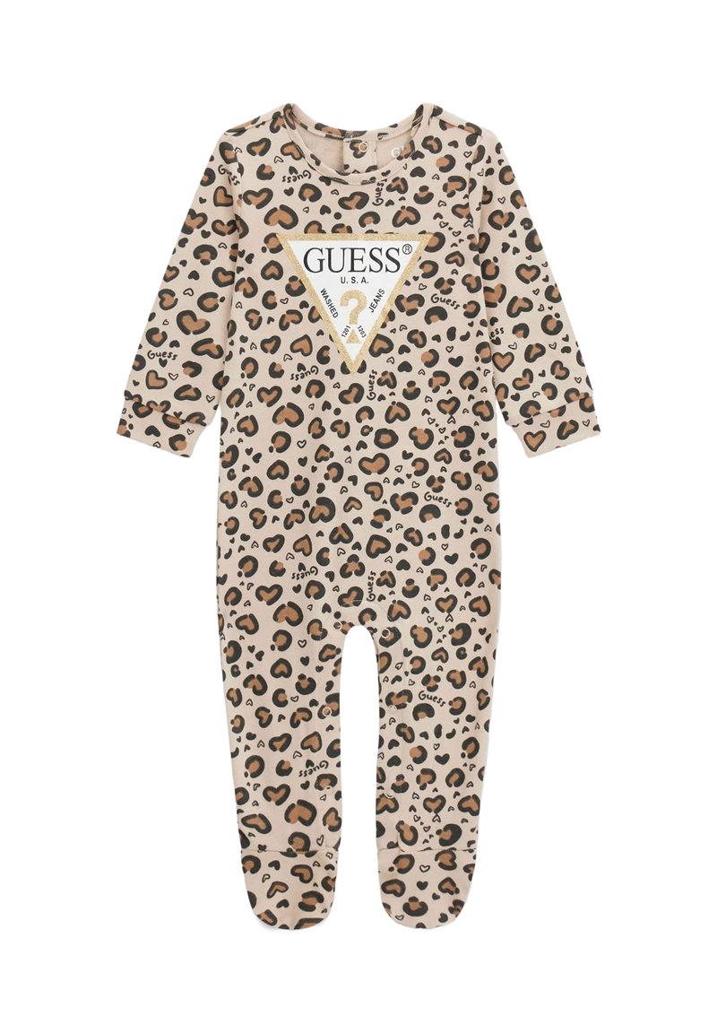 Beige baby onesie met luipaardprint, voorzien van lange mouwen, een ronde halslijn en een driehoekige logo-opdruk met gouden accenten.