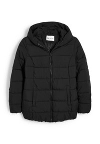 Chaqueta acolchada negra con capucha, que presenta un cierre de cremallera, un diseño acolchado, tejido texturizado y dos bolsillos frontales.
