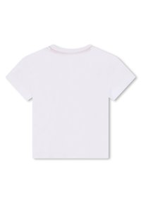 T-shirt blanc à manches courtes avec un col rond et une texture lisse. Design uni sans motifs ni graphiques visibles au dos.