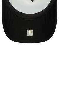 Black cap with a flat brim, featuring a gray and yellow logo patch at the front, and a white interior lining. Textured fabric finish.