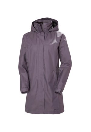Chaqueta impermeable larga de color púrpura con capucha, cremallera frontal cubierta por una solapa y bolsillos laterales.