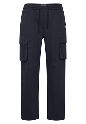 Marine cargobroek van lichtgewicht stof. Voorzien van een elastische tailleband, trekkoordsluiting en twee grote zijzakken. Recht model.