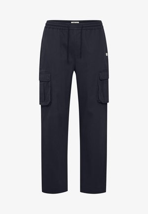 Marine cargobroek van lichtgewicht stof. Voorzien van een elastische tailleband, trekkoordsluiting en twee grote zijzakken. Recht model.