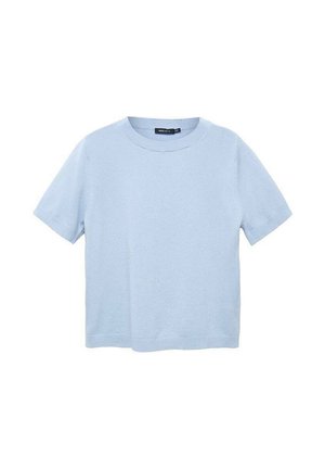 T-shirt azzurro chiaro a maniche corte, realizzato in materiale morbido, presenta un colletto rotondo e un orlo dritto. Texture liscia con dettagli minimi.