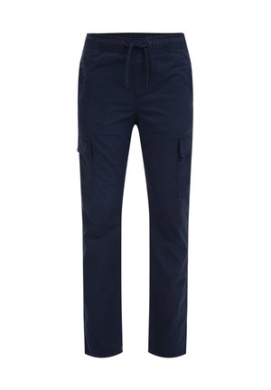 Marineblaue Cargo-Hose mit geradem Bein, elastischem Bund, Kordelzug und seitlichen Klappentaschen.