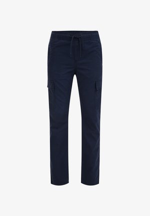 Navyblå cargo bukser med lige ben, elastisk talje, snøre og sidelommer med klap.