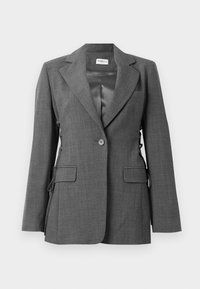 Single-button gray blazer with wide lapels, two flap pockets, side lace-up detailing, and satin inner lining.