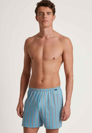 Blaue und weiße gestreifte Boxershorts mit horizontalen Linien. Elastischer Bund, lockere Passform, aus leichtem Stoff. Keine sichtbaren Muster oder Akzente.