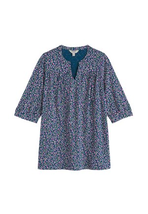 Tunika w kwiatowy wzór z rękawami do połowy łokcia i dekoltem w serek. Kolory to granatowy z różowymi i zielonymi akcentami. Lekka tkanina.