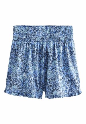 Lyseblå blomstrede shorts med mørkeblå og hvide små blomster og en bred rynket elastisk talje.