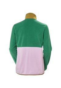 Fleece bunda s horní částí v zelené barvě, střední částí v světle růžové a zlatým límcem. Měkká textura a volný střih.