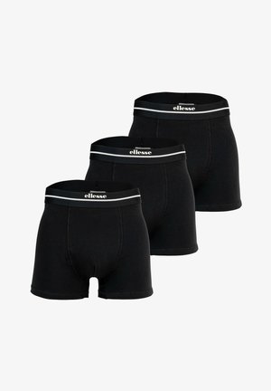 Tri čierne pánske boxerky s čiernymi elastickými pásmi na páse, ktoré obsahujú biely pruh a logo "ellesse" v strede každého pásu.