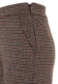 Brown and burgundy houndstooth patterned trousers with a fitted waist, featuring a side zipper and smooth texture.