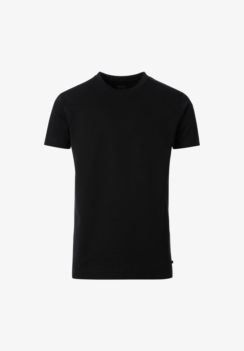 Czarna koszulka z krótkim rękawem, wykonana z miękkiego materiału, z klasycznym dekoltem okrągłym i subtelną metką z logo na dole.