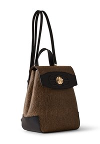 Brown textured handbag with black trim, gold turn-lock closure, top handle, and adjustable shoulder straps on white background.