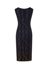 Schwarzes ärmelloses Kleid mit Schlangenledermuster, das violette und orangefarbene Farbverläufe aufweist, sowie einem zentralen Reißverschluss auf der Rückseite.