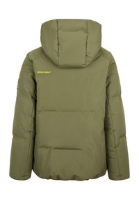 Giubbotto invernale imbottito verde oliva con cappuccio, maniche lunghe e logo giallo "ziener" sulla parte superiore della schiena.