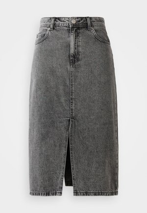 High-waisted, faded black denim midi skirt with front slit, belt loops, and classic five-pocket design.