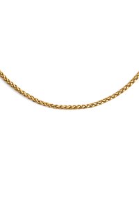 Collar de cadena de oro con un diseño retorcido y eslabones entrelazados. Textura suave con acabado pulido, uniforme en color y forma.