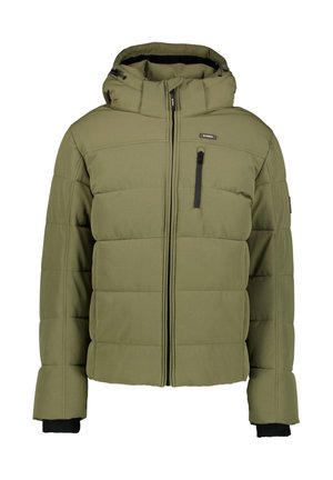 Groene gevoerde jack met een rits aan de voorkant, twee zijzakken en een borstzak. Voorzien van een capuchon en geribde manchetten voor extra warmte.