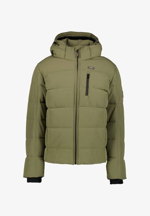 Groene gevoerde jack met een rits aan de voorkant, twee zijzakken en een borstzak. Voorzien van een capuchon en geribde manchetten voor extra warmte.