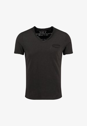 Schwarz kurzärmliges T-Shirt, aus Baumwolle, mit V-Ausschnitt, ausgestattet mit einer kleinen Brusttasche und sichtbaren Nähdetail. Größe S.