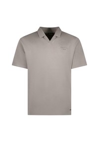 Lichtgrijze polo met korte mouwen, een v-hals, textuur op de kraag en subtiele branding op de borst. Gemaakt van een zachte, ademende stof.