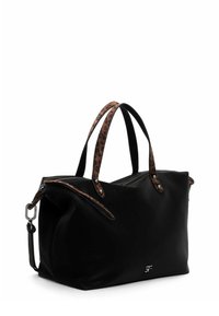 Borsa a mano in pelle nera con un design strutturato, manici con stampa leopardata, una zip argentata e una tracolla rimovibile.