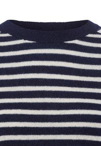 Navy- und weiß gestreifter Strickpullover mit runden Halsausschnitt und weicher Textur. Die Streifen sind gleichmäßig verteilt und horizontal.