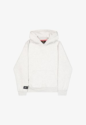 Lichtgrijze hoodie gemaakt van zachte stof, met een groot voorvak, verstelbare trekkoorden voor de kap en een logo-label aan de onderste linkerkant.